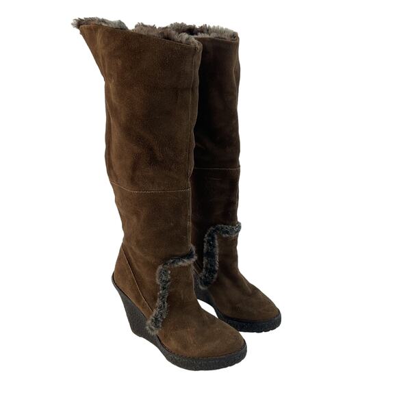 Colin Stuart Brown Suede Wedge Tall Boots Women 7 Preowned - Picture 1 of 7